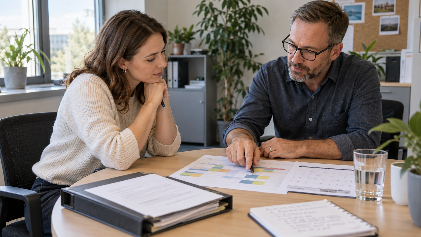 Arbeitnehmerin und Interessenvertreter beraten anhand eines Kalenderplans mögliche Urlaubstermine.