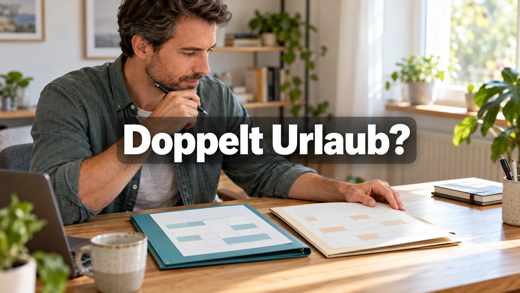 Fiktiver Arbeitnehmer vergleicht am Schreibtisch zwei Urlaubsunterlagen in unterschiedlichen Mappen; zentraler Text: Doppelt Urlaub?