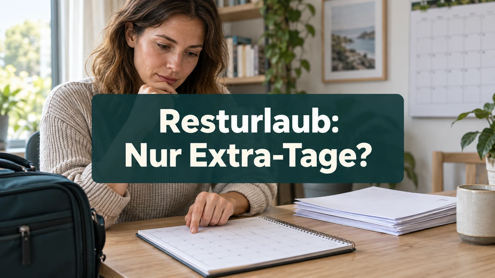 Fiktive Beschäftigte prüft Urlaubskalender und unbeschriftete Unterlagen am Schreibtisch. Die Bildfrage lautet: Resturlaub: Nur Extra-Tage?
