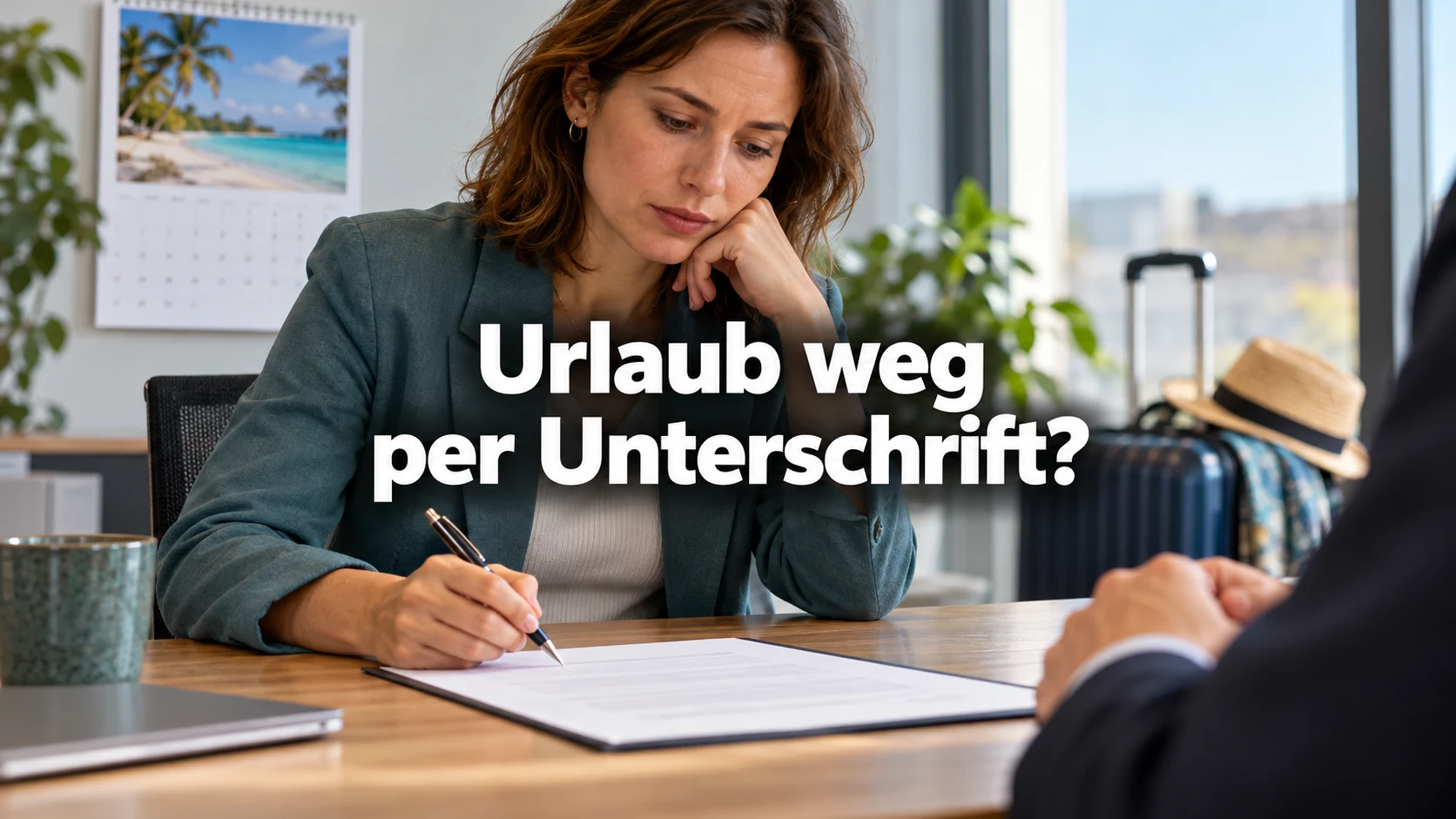 Fiktive Beschäftigte prüft vor einer Unterschrift eine Vereinbarung am Beratungstisch; Kalender und Reisekoffer im Hintergrund. Zentraler Text: Urlaub weg per Unterschrift?