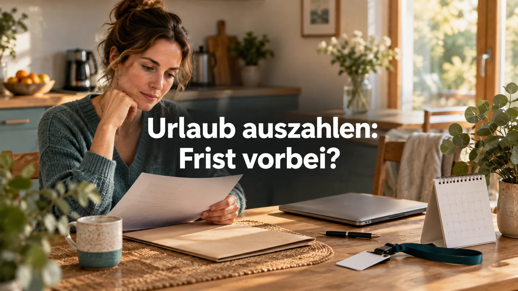 Fiktive ehemalige Beschäftigte prüft zu Hause Dokumente und Kalender. Zentraler Text: Urlaub auszahlen: Frist vorbei?