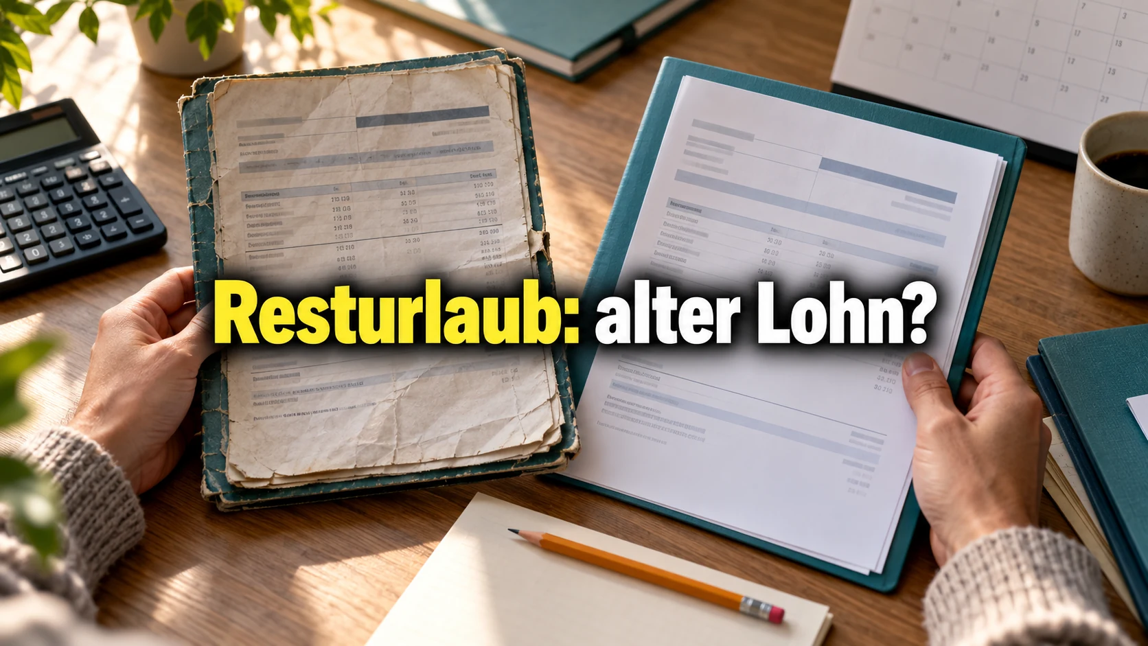Fiktive Beschäftigte vergleicht alte und neuere Lohnunterlagen neben einem Taschenrechner am Schreibtisch. Zentraler Text: Resturlaub: alter Lohn?