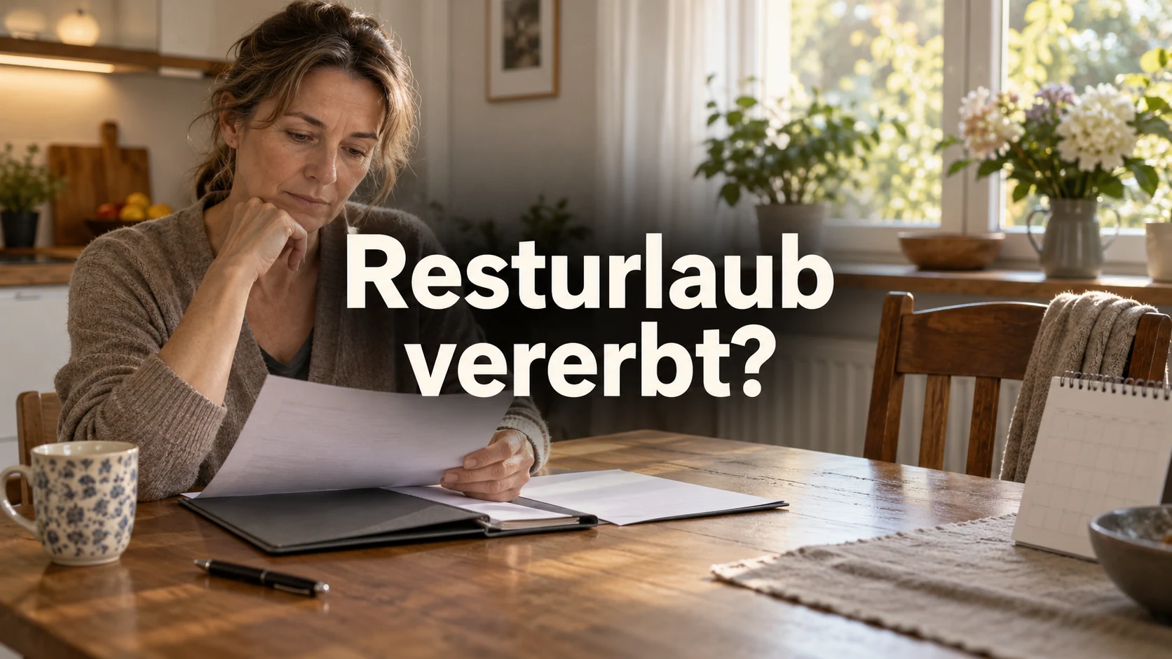 Fiktive Person prüft Unterlagen am Küchentisch neben einem leeren Stuhl. Zentraler Text: Resturlaub vererbt?