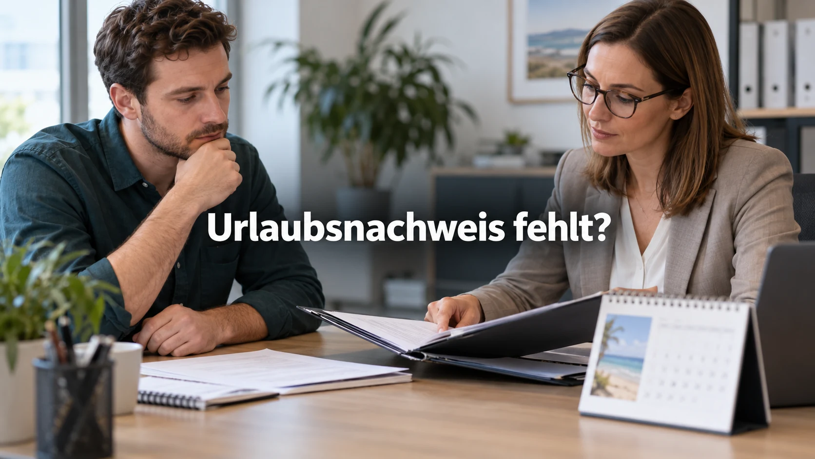 Fiktiver Arbeitnehmer prüft mit einer Personalmitarbeiterin eine Dokumentenmappe. Zentraler Text: Urlaubsnachweis fehlt?