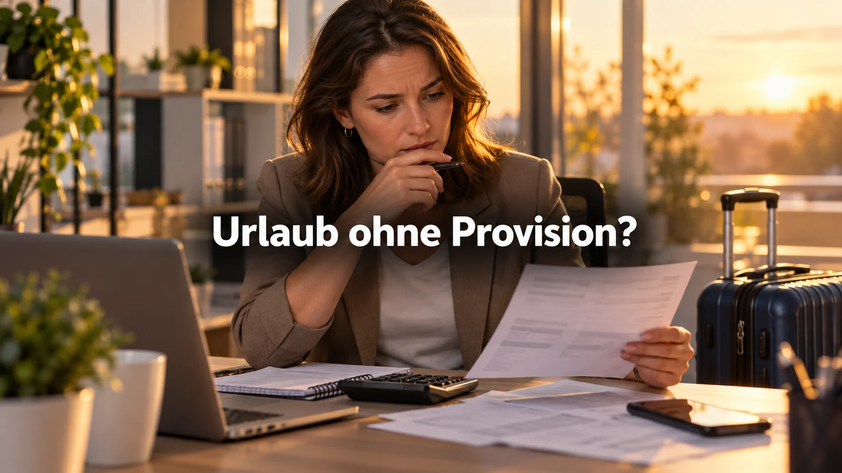 Fiktive Vertriebsmitarbeiterin prüft ihre Abrechnung vor dem Urlaub; zentral steht: Urlaub ohne Provision?