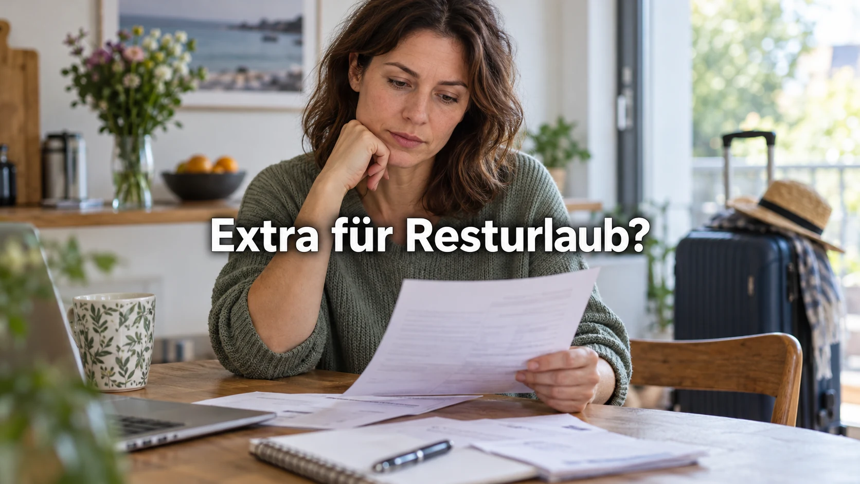 Fiktive Beschäftigte prüft Papiere am Küchentisch, mit Reisekoffer im Hintergrund. Zentraler Text: Extra für Resturlaub?