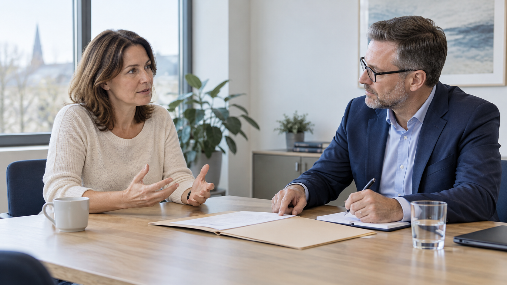 Arbeitnehmerin erläutert einen Vorgang gegenüber einem Personalverantwortlichen in einem ruhigen Besprechungsraum.
