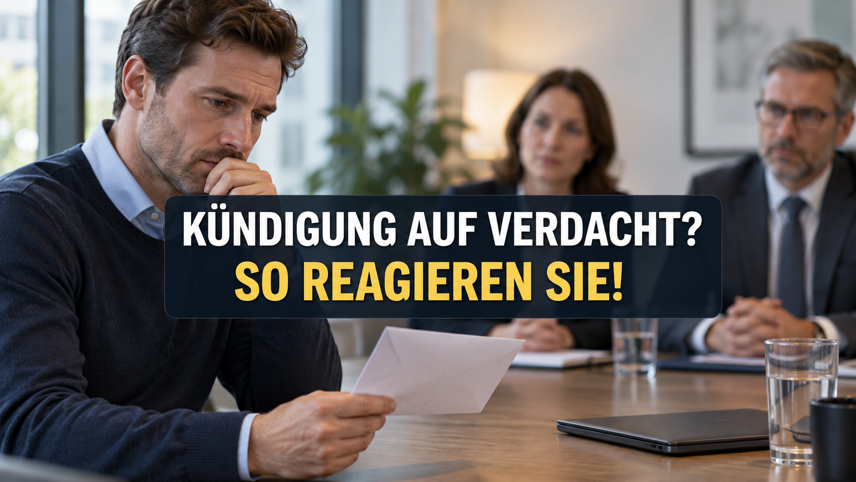 Arbeitnehmer mit Schreiben im Besprechungsraum; zentrale Schrift: Kündigung auf Verdacht? So reagieren Sie!