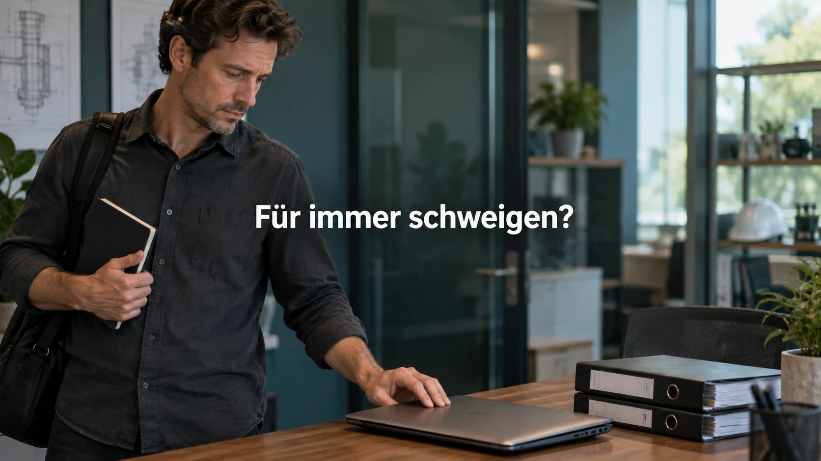 Fiktiver technischer Mitarbeiter schließt am letzten Arbeitstag den Firmenlaptop; Dokumentenordner bleiben im Büro. Zentraler Text: Für immer schweigen?