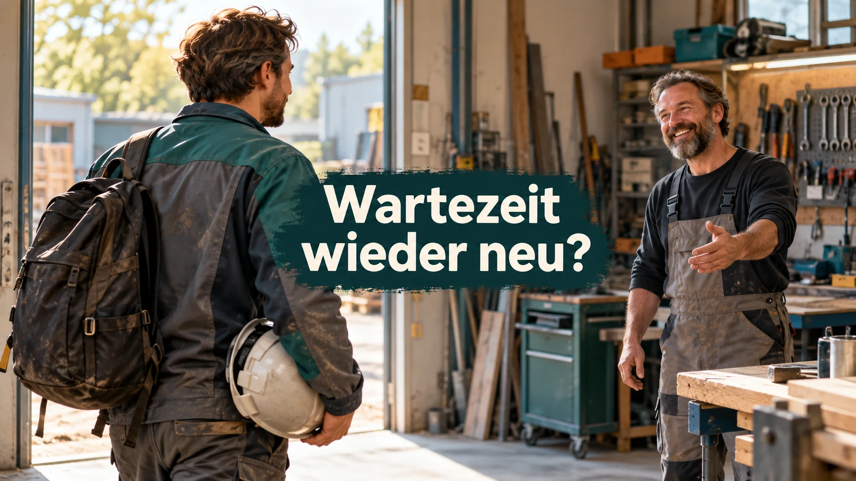 Fiktiver erwachsener Beschäftigter kehrt in eine vertraute Werkstatt zurück; zentral steht: Wartezeit wieder neu?