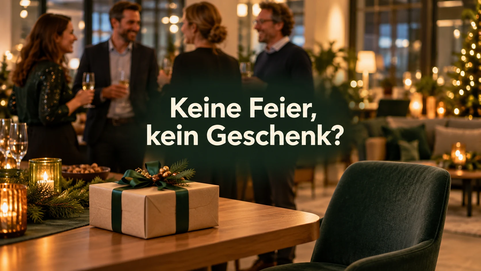 Fiktive betriebliche Feier mit Geschenk und leerem Stuhl; zentral steht: Keine Feier, kein Geschenk?