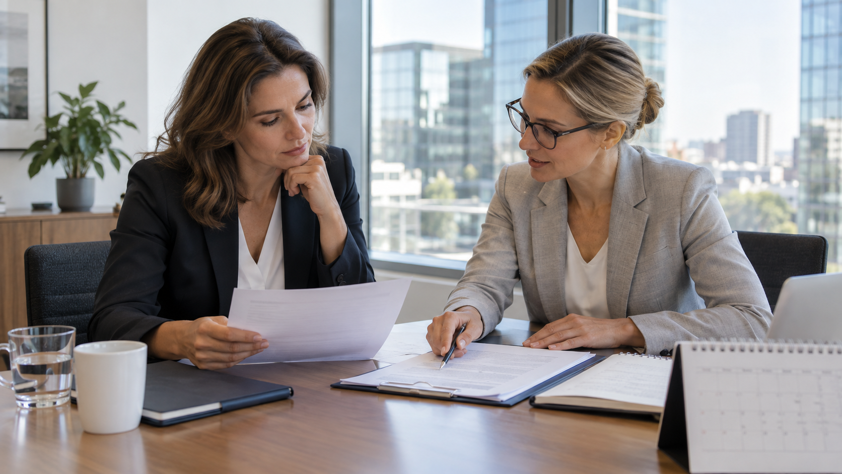 Arbeitnehmerin und Beraterin prüfen eine Vereinbarung und die Bedingungen eines geplanten Jobwechsels.