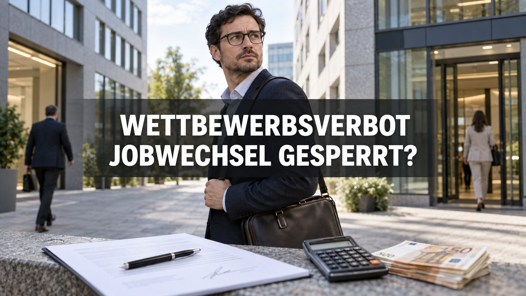 Arbeitnehmer zwischen zwei Bürogebäuden mit Vertrag und Taschenrechner; zentraler Hinweis: Wettbewerbsverbot – Jobwechsel gesperrt?