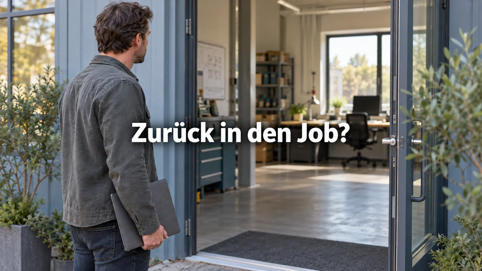 Fiktiver Arbeitnehmer mit geschlossener Dokumentenmappe vor einem offenen Werkstattbüro. Zentraler Text: Zurück in den Job?