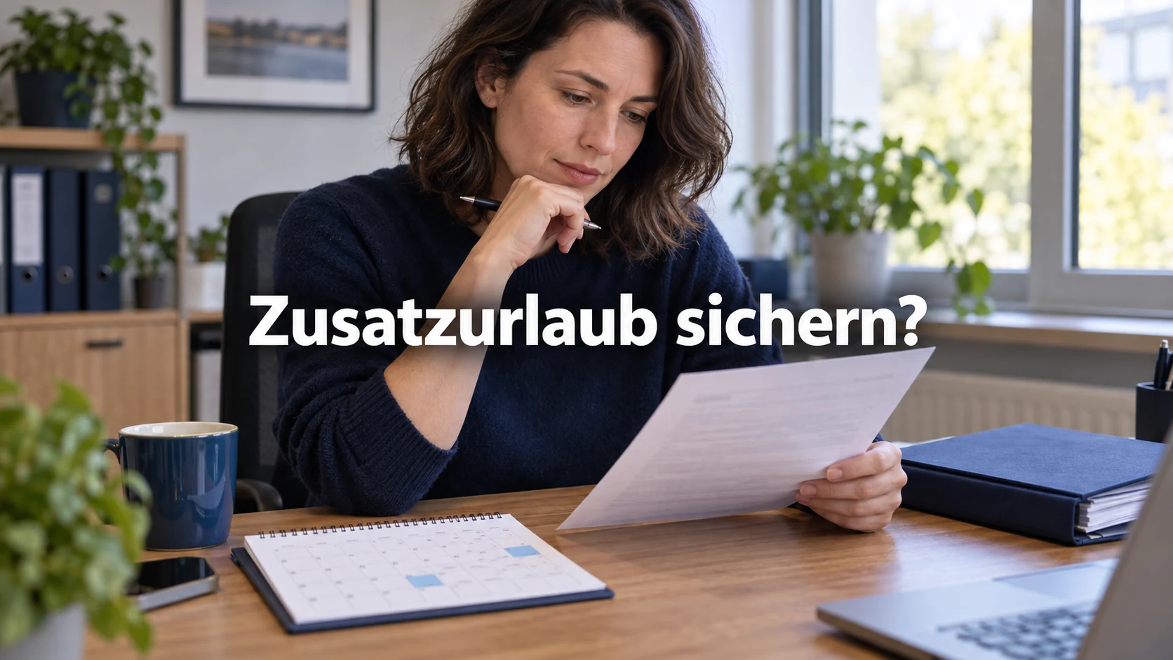 Fiktive Beschäftigte vergleicht einen Brief mit einem Kalender am Schreibtisch. Zentraler Text: Zusatzurlaub sichern?